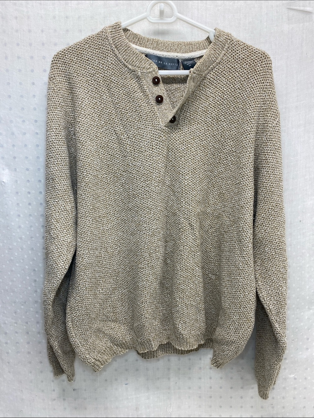 Oscar‎ de la Renta Men's Beige Knit Henley Sweater Rugged Preppy Grandpacore USA
